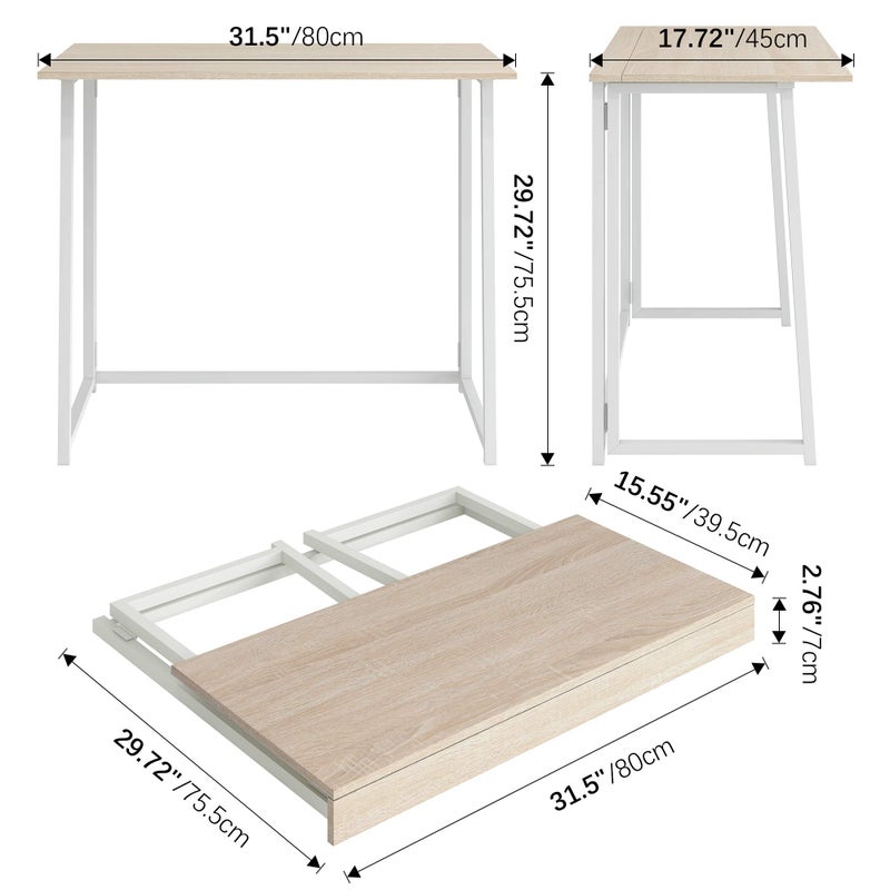 4NM 31.5" Small Folding Desk, Foldable Computer Home Office Desk, Study Writing Table for Small Space Saving Bedroom, Easy Assembly - Natural and White - Image 5